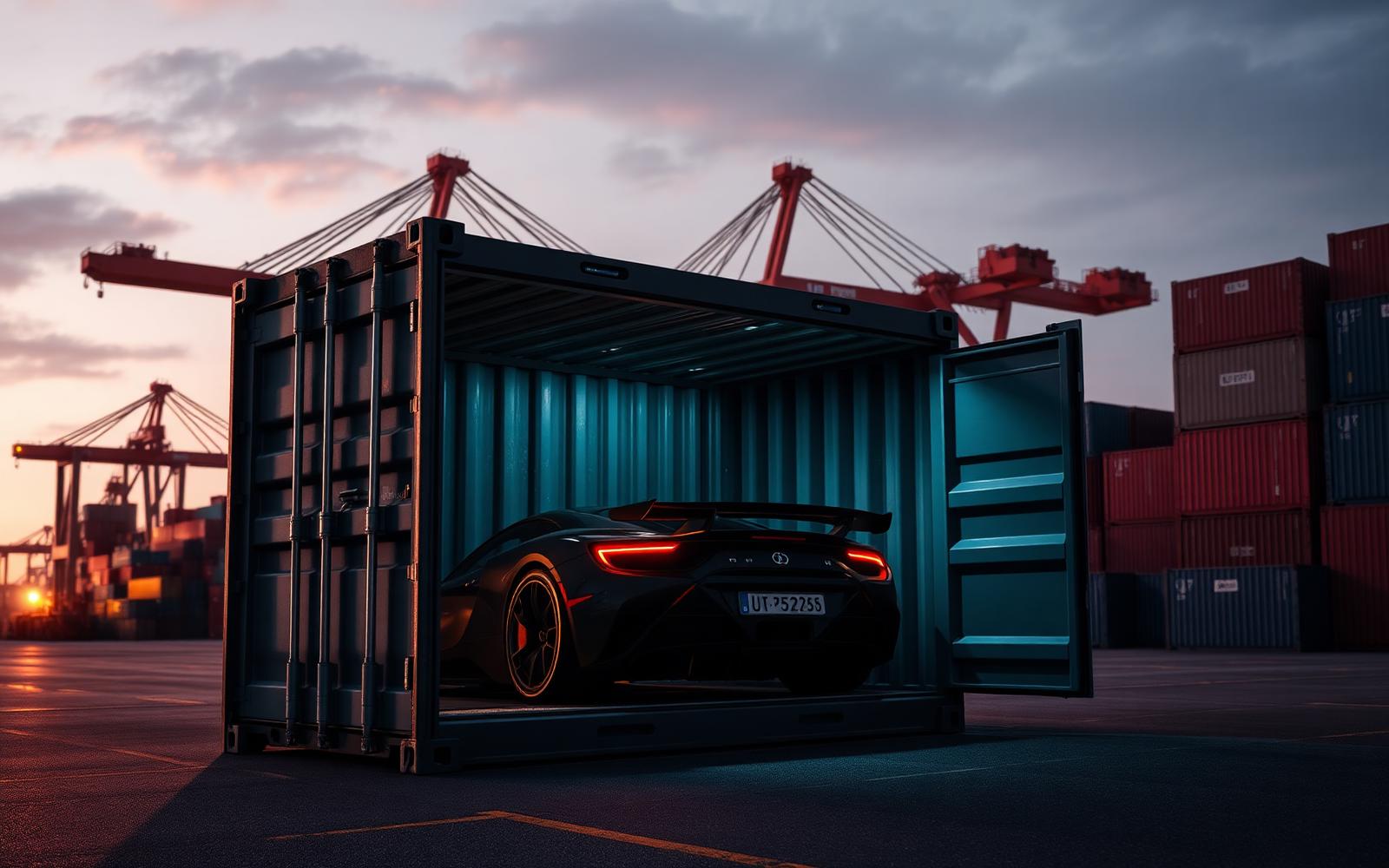 Shipping container with vehicle at Miami port