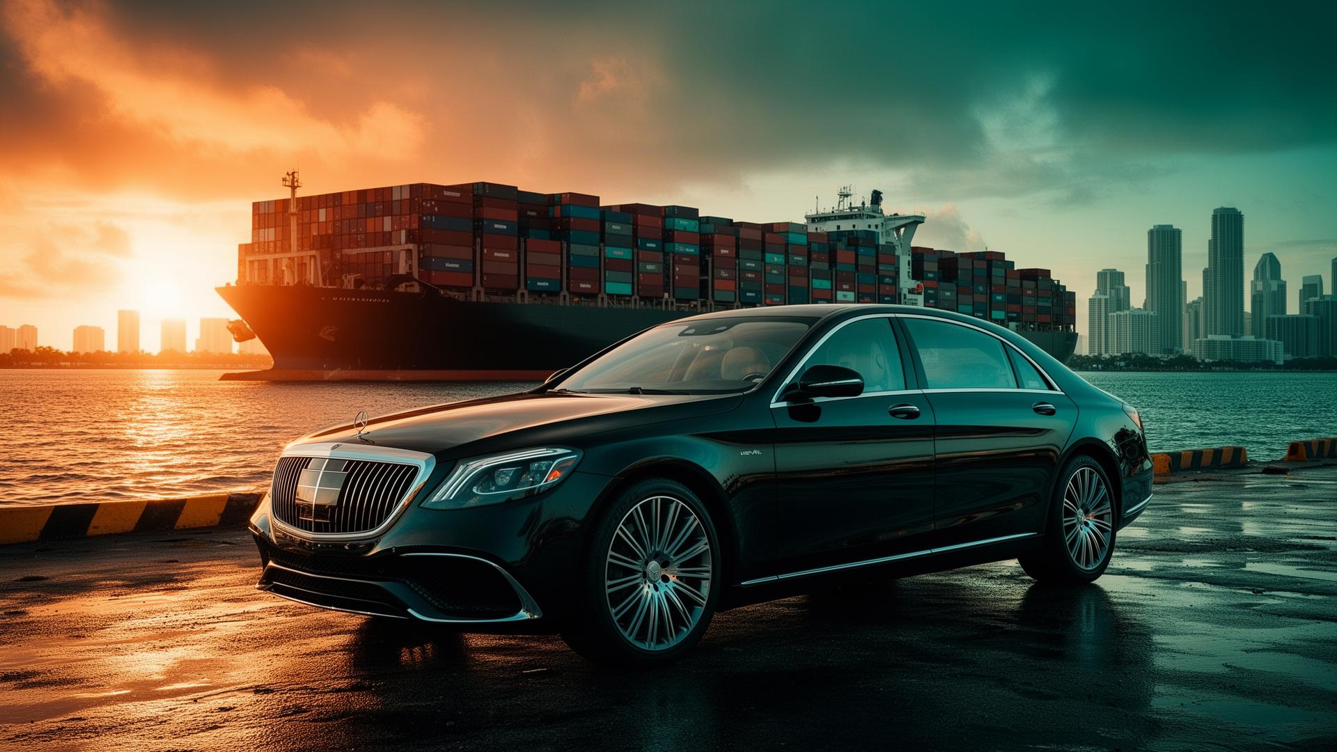 Luxury vehicle at Miami port with international cargo ship